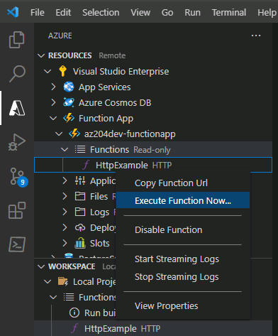 Execute function now in Azure from Visual Studio Code
