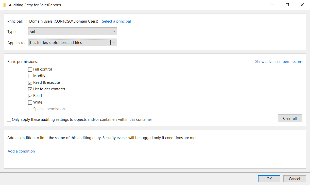Ten zrzut ekranu przedstawia ustawienia inspekcji dla nazwy folderu SalesReports. Dla użytkowników domeny próbujących uzyskać dostęp do folderu SalesReports wybrano typ inspekcji Niepowodzenie.