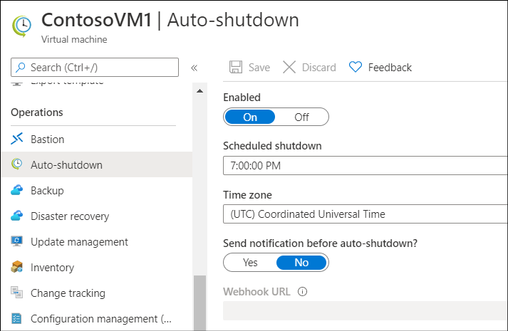 Screenshot of Azure portal Auto-shutdown section of a virtual machine pane, with a shutdown time enabled for 7:00:00 PM.