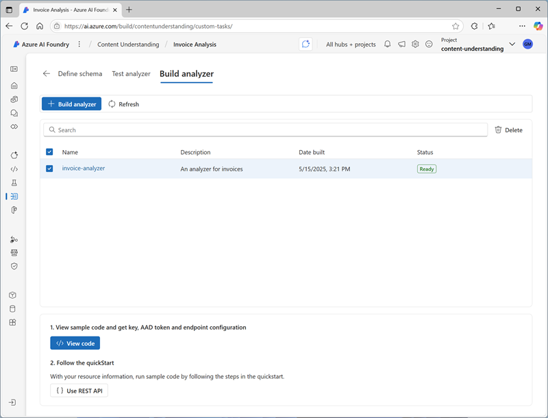 Zrzut ekranu przedstawiający interfejs użytkownika analizatora kompilacji w narzędziu Microsoft Foundry.