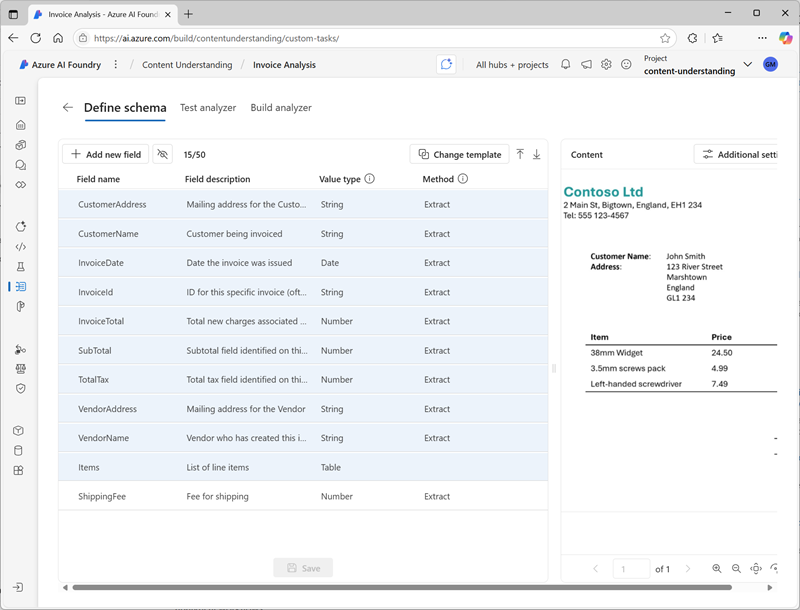 Zrzut ekranu przedstawiający interfejs użytkownika Definiowanie schematu w narzędziu Microsoft Foundry.