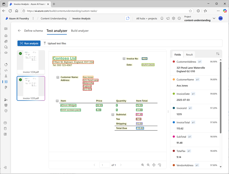Zrzut ekranu przedstawiający interfejs użytkownika analizatora testów w narzędziu Microsoft Foundry.