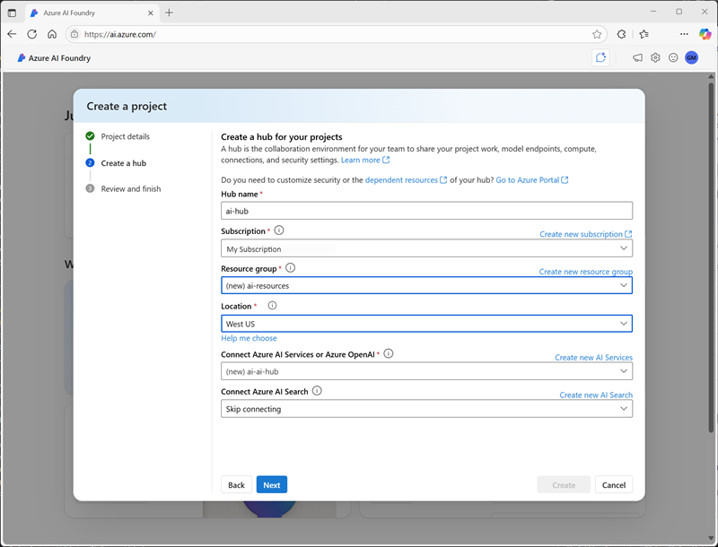 Zrzut ekranu przedstawiający interfejs użytkownika Create new project in Microsoft Foundry (Tworzenie nowego projektu w rozwiązaniu Microsoft Foundry).