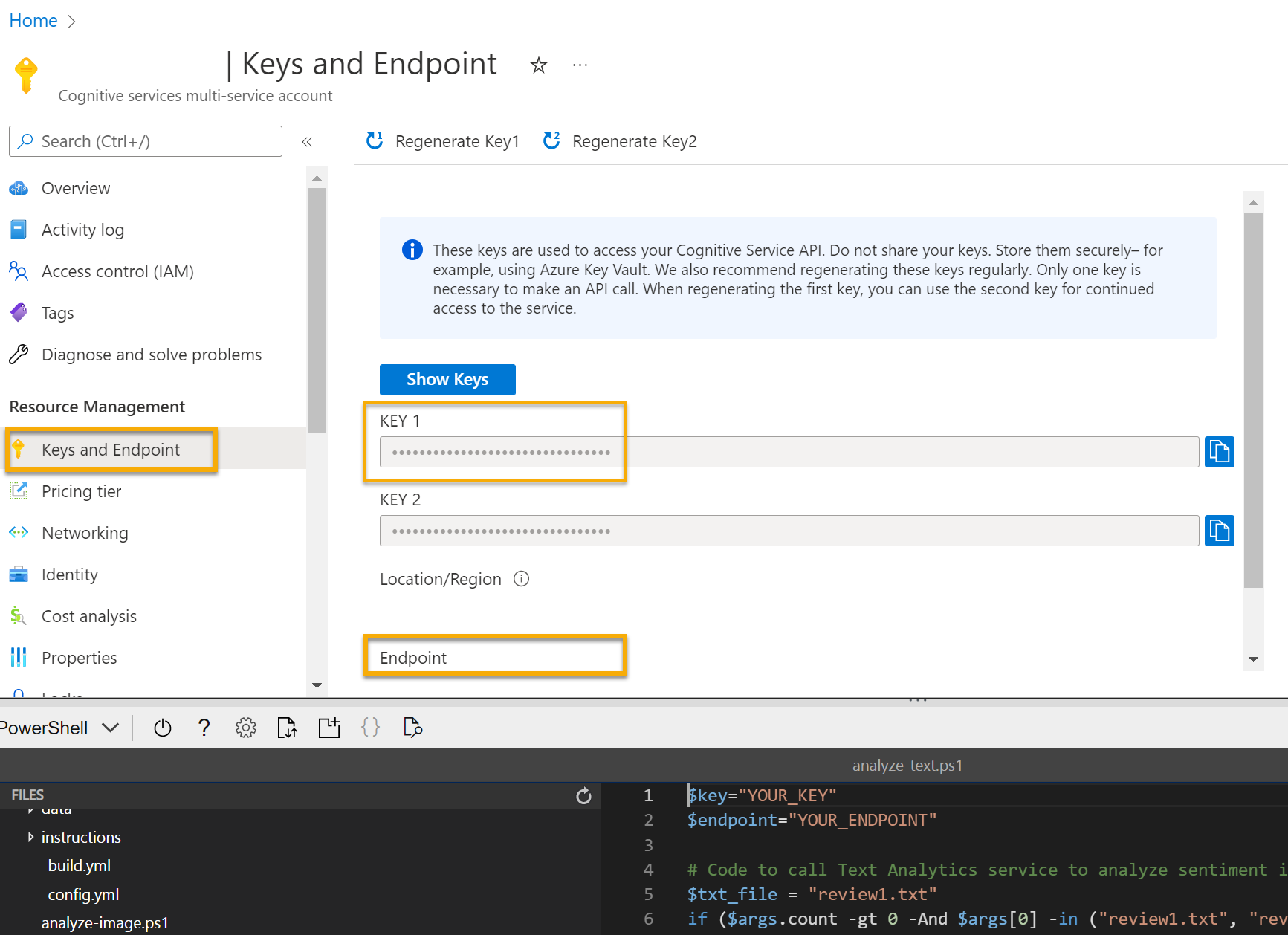 Find the key and endpoint tab in your Cognitive Services resource's left hand pane.