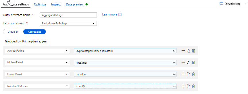 Configuring the Aggregate Transformation to a Mapping Data Flow in Azure Data Factory