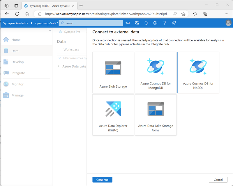 A screenshot of Azure Synapse Studio showing the Connect to external data page.