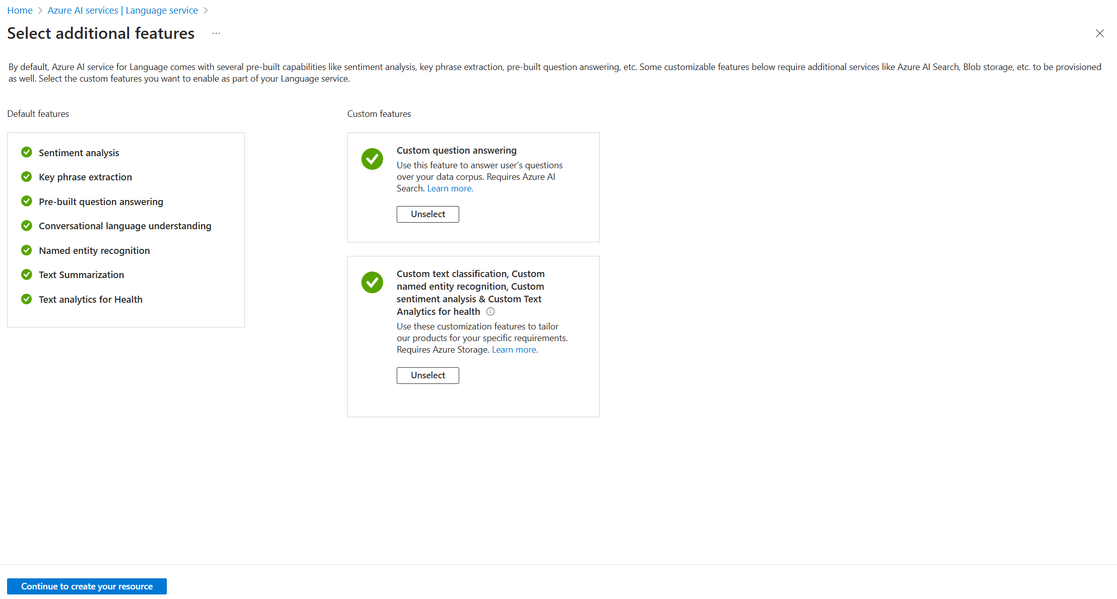 Zrzut ekranu przedstawiający tworzenie usługi językowej w witrynie Azure Portal.