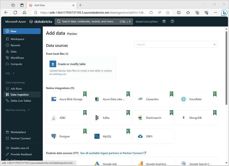 Zrzut ekranu przedstawiający portal usługi Azure Databricks na potrzeby nauki o danych i inżynierii.
