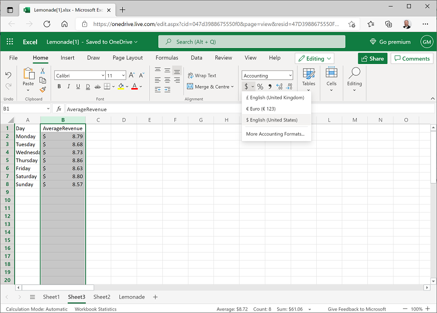 Zrzut ekranu przedstawiający arkusz przedstawiający średni przychód według dnia sformatowany jako waluta USA.