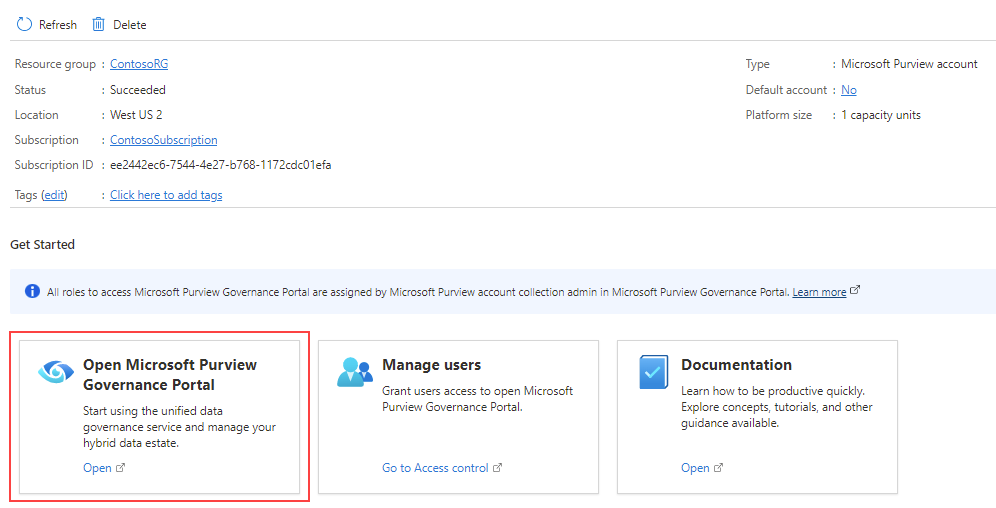 Zrzut ekranu przedstawiający portal ładu Open Microsoft Purview.