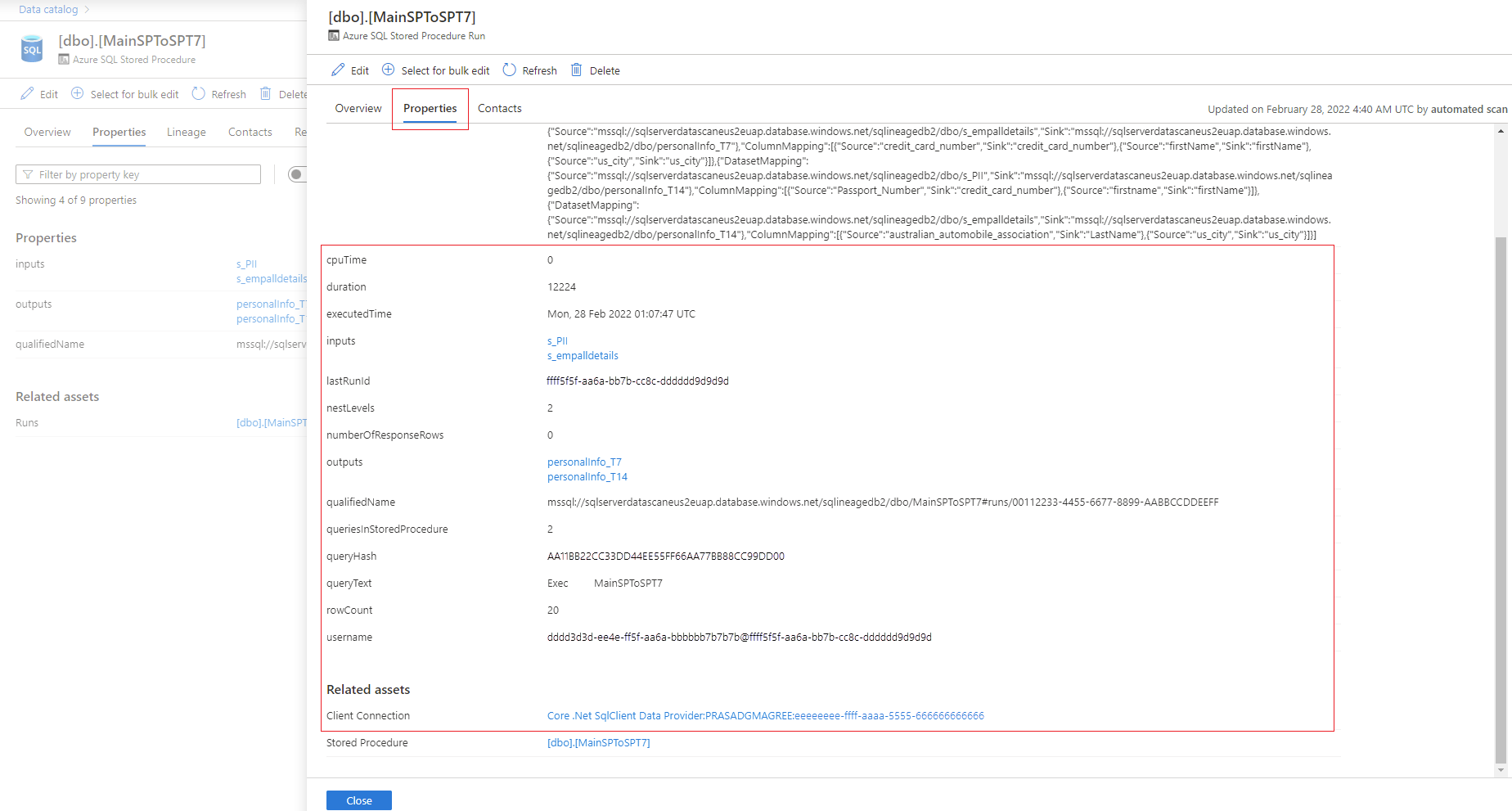 Zrzut ekranu przedstawiający ekran z właściwościami przebiegu procedury składowanej.