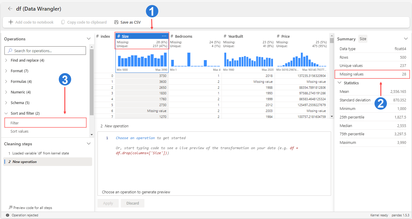 Zrzut ekranu przedstawiający sposób sprawdzania brakujących informacji o danych w narzędziu Data Wrangler.