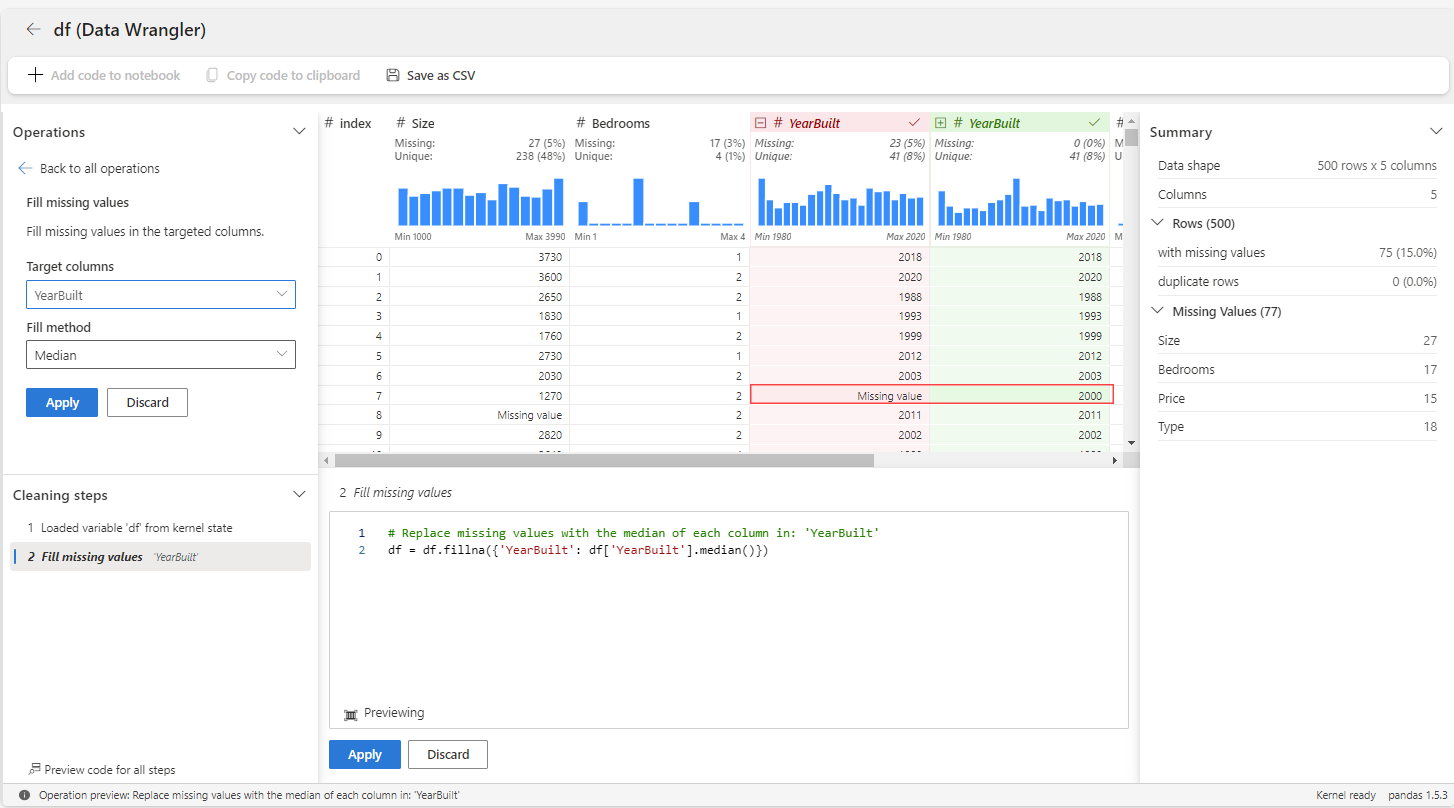 Zrzut ekranu przedstawiający sposób imputowania brakujących wartości w kolumnach docelowych przy użyciu mediany w usłudze Data Wrangler.