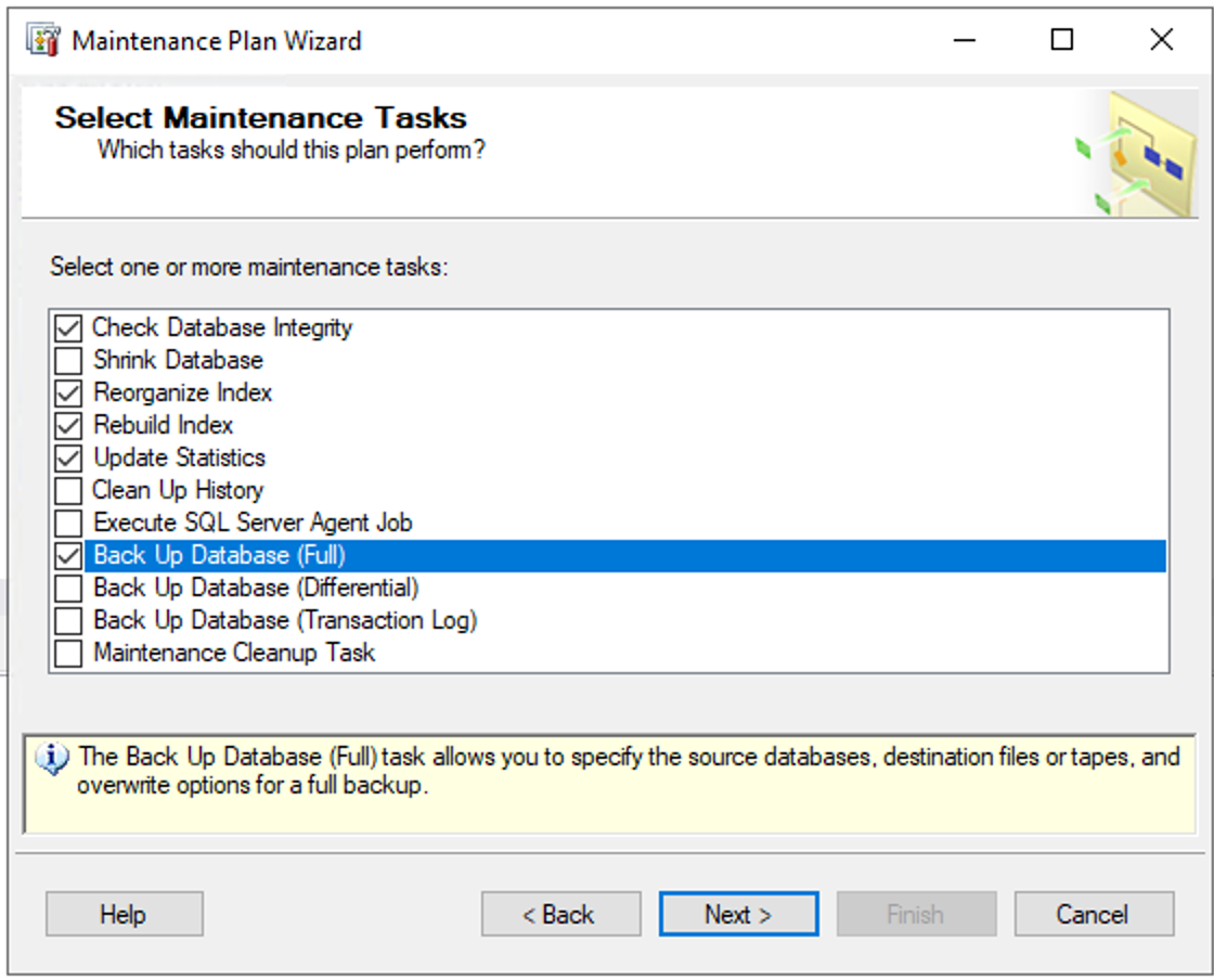 Zrzut ekranu przedstawiający zadania konserwacji dostępne w kreatorze planu konserwacji.