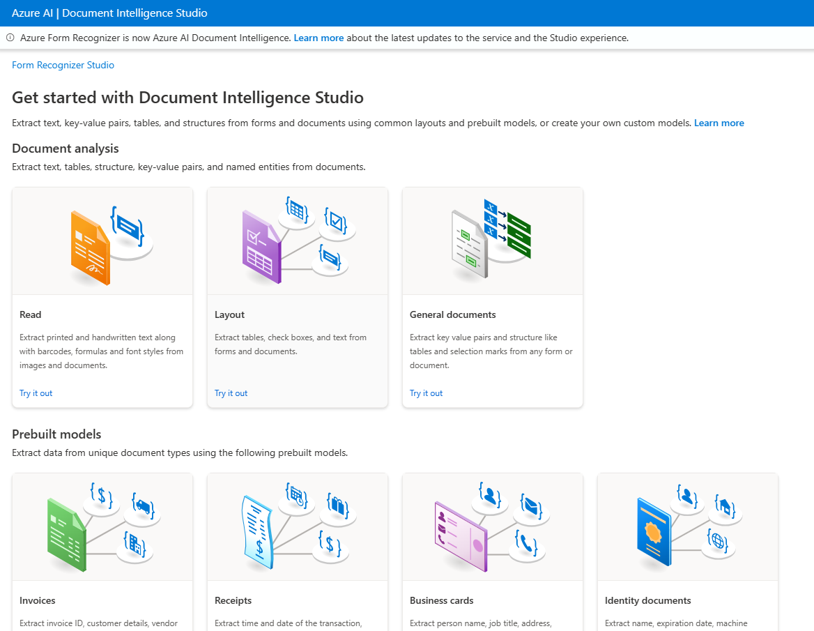 Plik GIF możliwości usługi Azure Document Intelligence Studio.
