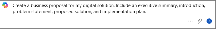 Screenshot showing Copilot in Word dialog with a prompt to create a business proposal displayed.
