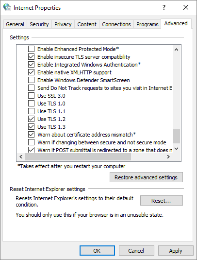 Zrzut ekranu przedstawiający ustawienia związane z protokołem TLS we właściwościach internetowych.