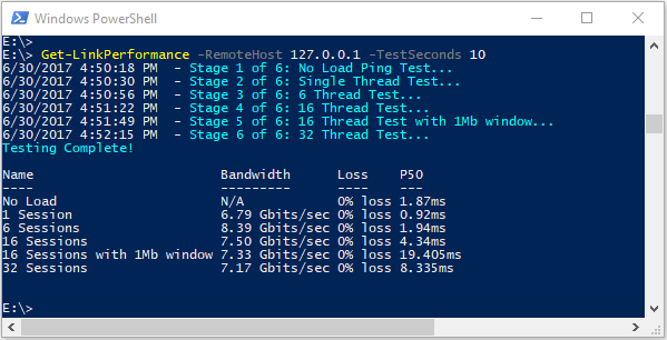 Zrzut ekranu danych wyjściowych programu PowerShell z polecenia testu wydajności łącza.