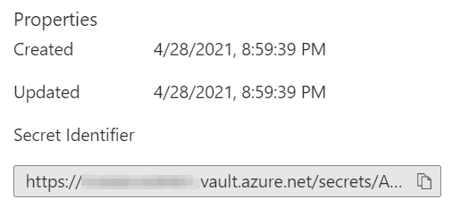 Zrzut ekranu przedstawiający właściwości wpisu tajnego w Azure Portal z identyfikatorem wpisu tajnego U R L.