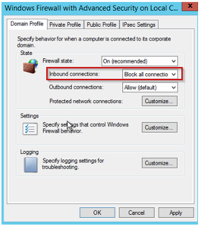 Zrzut ekranu przedstawiający opcję blokuj wszystkie połączenia przychodzące na karcie Profil domeny w oknie ustawienia zapory.