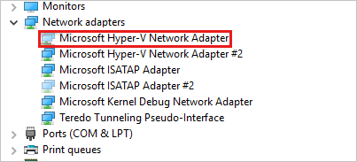 Zrzut ekranu przedstawia karty sieciowe, w których karta sieciowa funkcji Microsoft Hyper-V jest wyszarzona.
