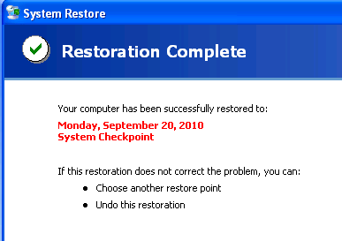 Zrzut ekranu przedstawiający potwierdzenie zakończenia przywracania systemu.