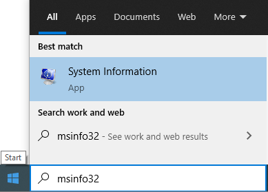 Zrzut ekranu przedstawiający pole Wyszukiwania z danymi wejściowymi msinfo32.