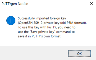 Zrzut ekranu przedstawiający powiadomienie w generatorze kluczy putty.