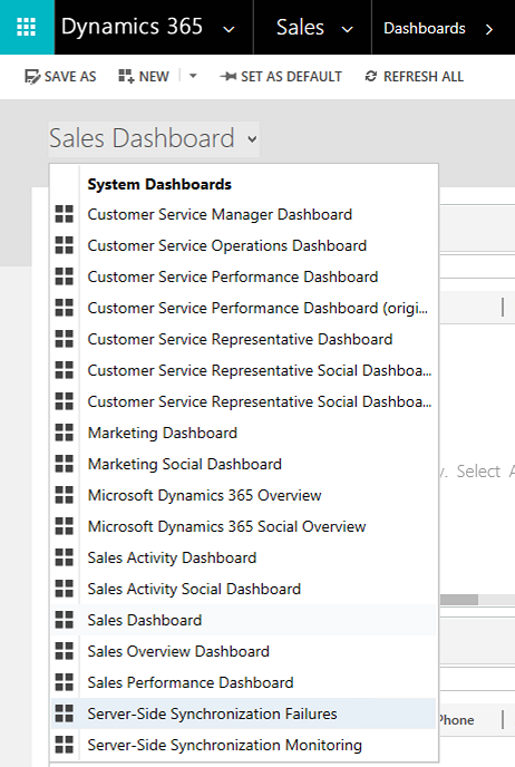 Zrzut ekranu przedstawiający wybieranie pulpitu nawigacyjnego błędów synchronizacji Server-Side z listy pulpitu nawigacyjnego.