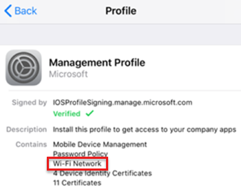 Zrzut ekranu przedstawiający profil zarządzania na urządzeniu z systemem iOS/iPadOS w Intune.