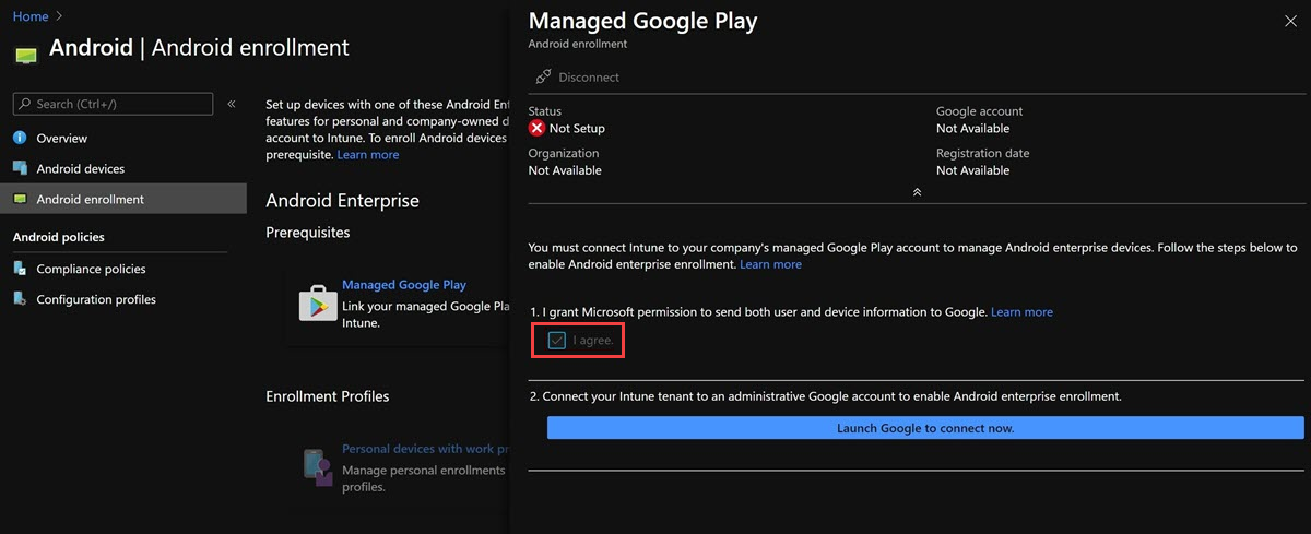 Zrzut ekranu przedstawiający stronę Zarządzanego sklepu Google Play, na której można uruchomić usługę Google w celu nawiązania połączenia.