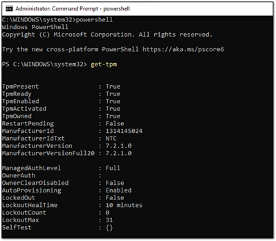 Przykładowy zrzut ekranu przedstawiający obecny i aktywny moduł TPM w oknie programu PowerShell.