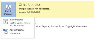 Zrzut ekranu przedstawia kontrolkę Opcje aktualizacji, gdy opcja Włącz aktualizacje jest ukryta za pomocą zasad grupy.