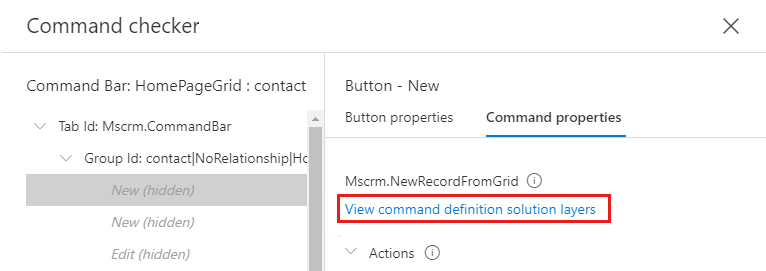 Zrzut ekranu przedstawiający link Wyświetl warstwy rozwiązania definicji polecenia pod nazwą polecenia.