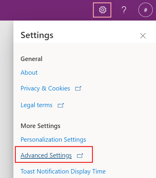 Zrzut ekranu przedstawiający opcję Ustawienia zaawansowane, wybierając ikonę koła zębatego.