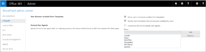Zrzut ekranu przedstawiający konfiguracje usług InfoPath Forms Services w usłudze SharePoint Online.