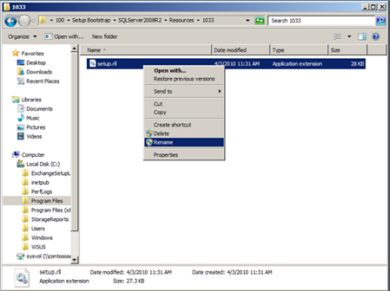 Zrzut ekranu przedstawiający opcję Zmień nazwę pliku Setup.rll w Eksploratorze Windows.