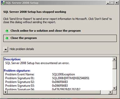 Zrzut ekranu przedstawiający komunikat o błędzie: Instalator programu SQL Server 2008 przestał działać.