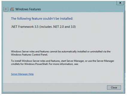 Zrzut ekranu przedstawiający komunikat o błędzie instalacji programu .Net Framework 3.5 na pełnym serwerze: Nie można zainstalować następującej funkcji.