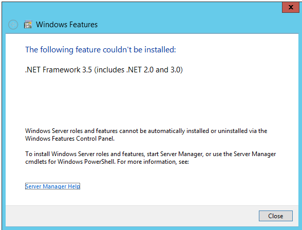 Zrzut ekranu przedstawiający komunikat o błędzie instalacji programu .Net Framework 3.5: Nie można zainstalować następującej funkcji.