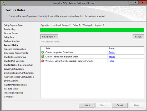 Zrzut ekranu przedstawiający stronę Reguły funkcji, na której pokazano, że sprawdzanie obsługiwanych funkcji systemu Windows Server Core nie powiodło się.