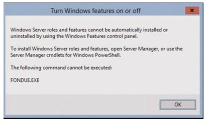 Zrzut ekranu przedstawiający role i funkcje, których nie można automatycznie zainstalować za pośrednictwem błędu funkcji systemu Windows.