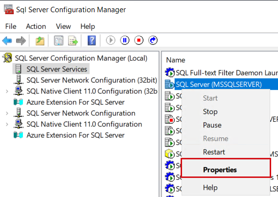 Zrzut ekranu przedstawiający menu programu SQL Server prawym przyciskiem myszy z wyróżnioną pozycją Właściwości.