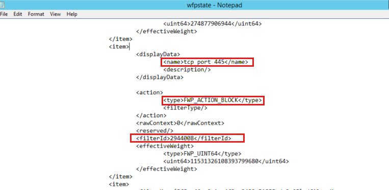Zrzut ekranu przedstawiający plik XML wfpstate, który zawiera nazwę reguły zapory skojarzoną z identyfikatorem filtru, który blokuje połączenie.