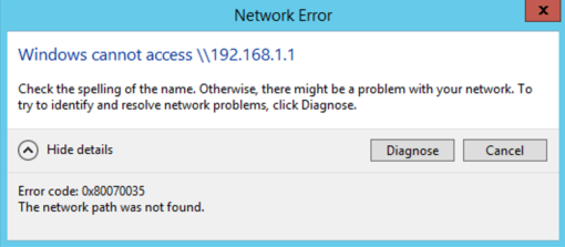 Zrzut ekranu przedstawiający komunikat o błędzie Nie można uzyskać dostępu do systemu Windows.