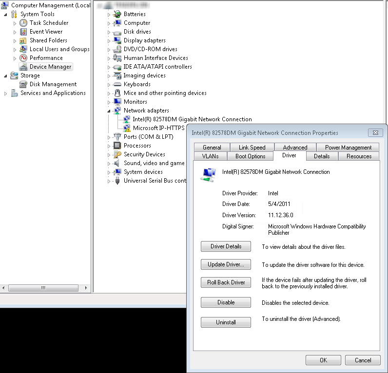 Zrzut ekranu przedstawiający okienko Menedżer urządzeń w obszarze Zarządzanie komputerem z otwartym oknem właściwości karty sieciowej z informacjami o sterowniku.