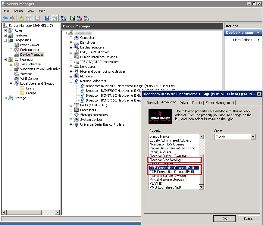 Zrzut ekranu przedstawiający okno Menedżer serwera z otwartym oknem właściwości karty sieciowej, które pokazuje ustawienia odciążania połączenia TCP i skalowania po stronie odbierania (RSS) na karcie Zaawansowane.