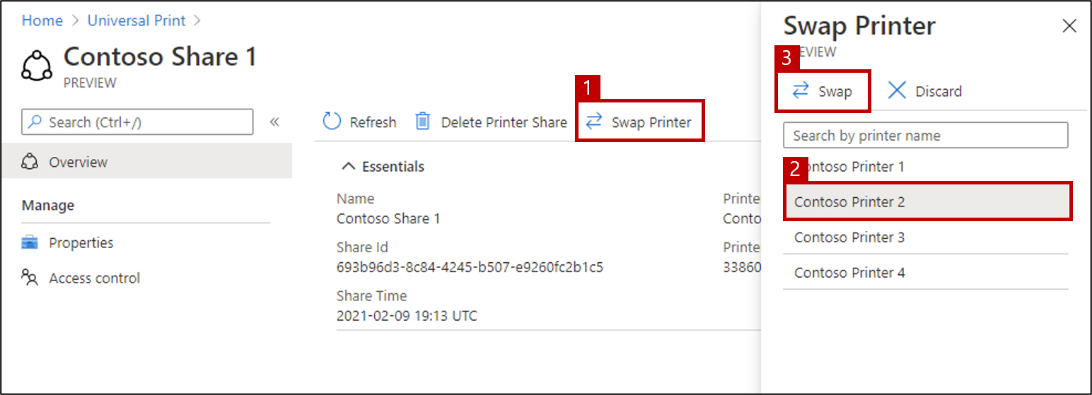 Zrzut ekranu przedstawiający sposób zamiany drukarek przy użyciu portalu usługi Universal Print.