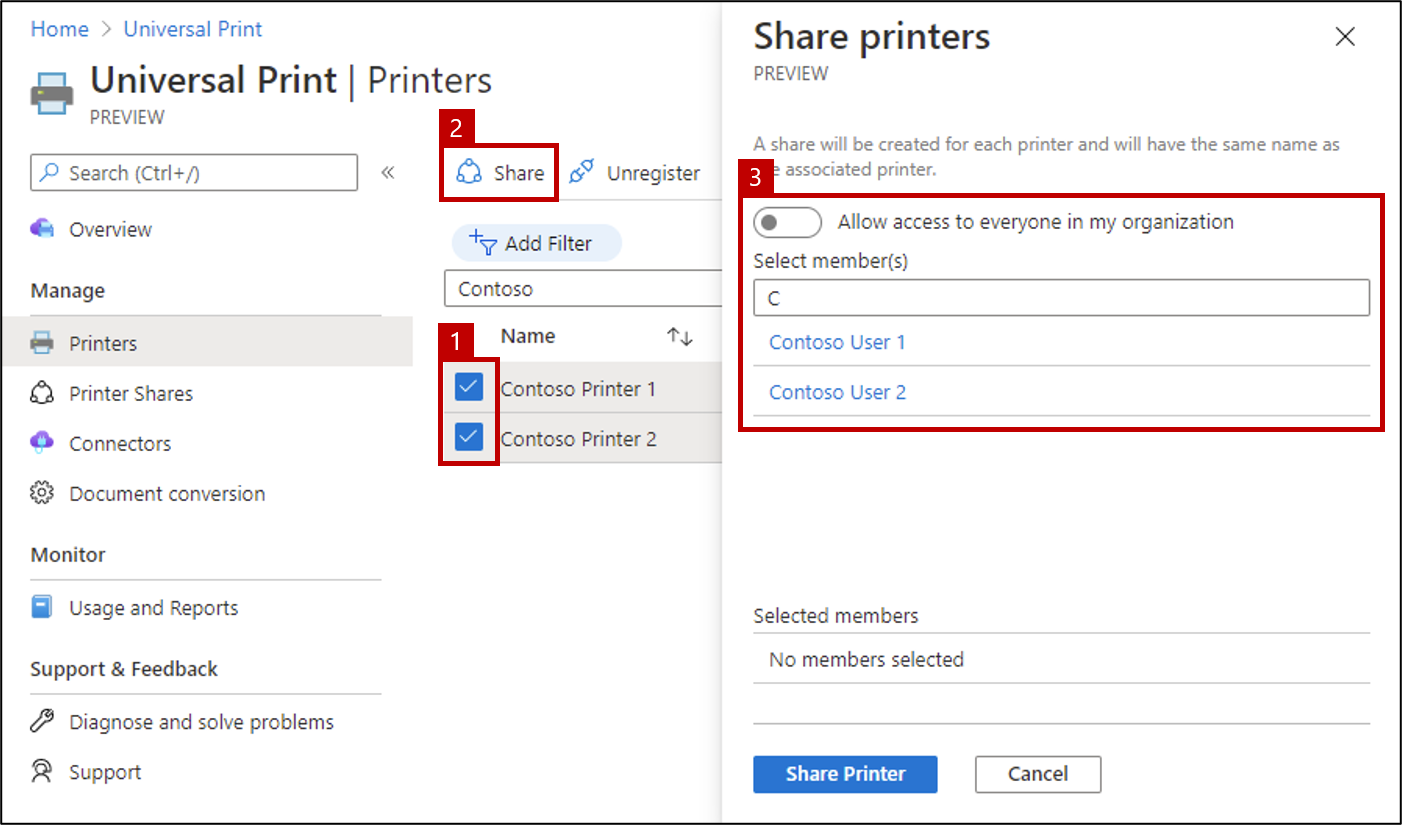Zrzut ekranu przedstawiający kroki wymagane do udostępniania wielu drukarek przy użyciu portalu usługi Universal Print.