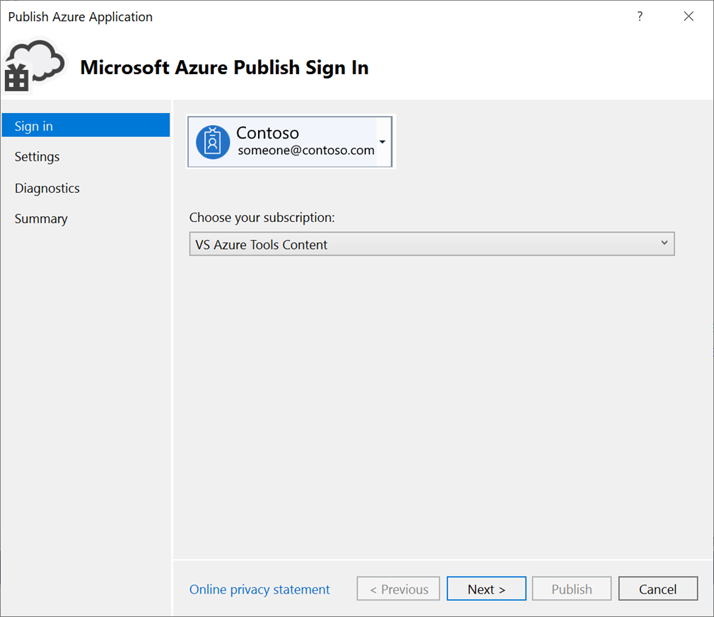 Zrzut ekranu przedstawiający okienko logowania do publikowania w Microsoft Azure w kreatorze publikowania aplikacji Azure.